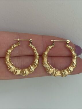 14k Vintage Bamboo Style Hoop Earrings Yellow Gold